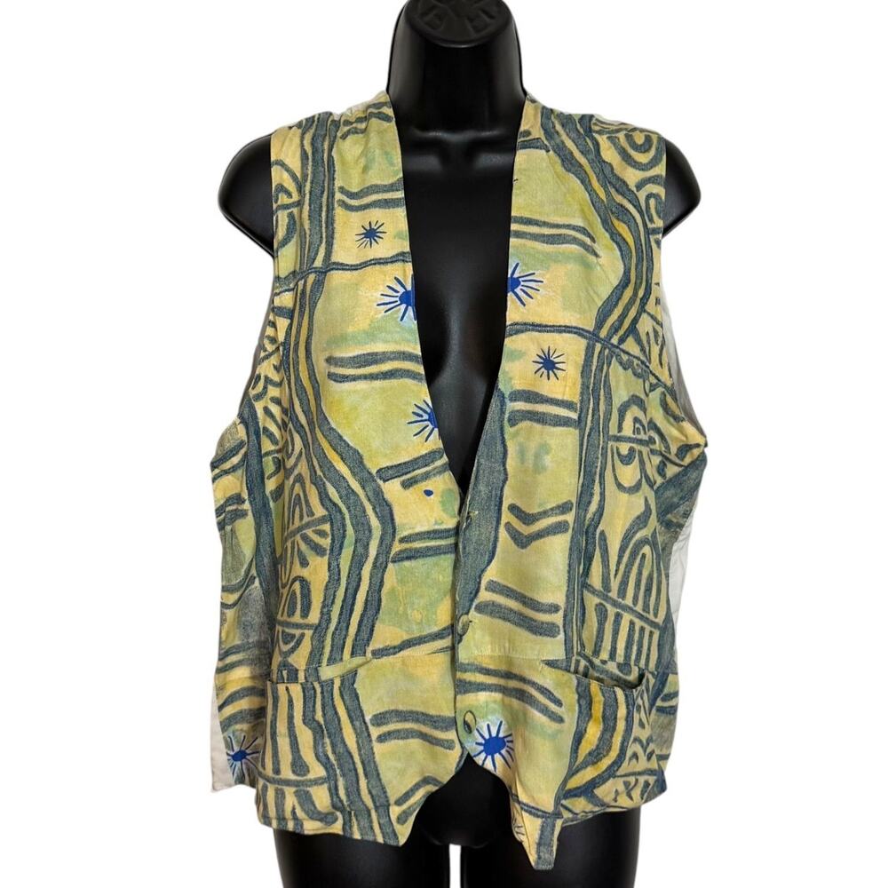 Vtg Nativewear Designs Yellow Blue Abstract Rayon Art To Wear Vest Size M